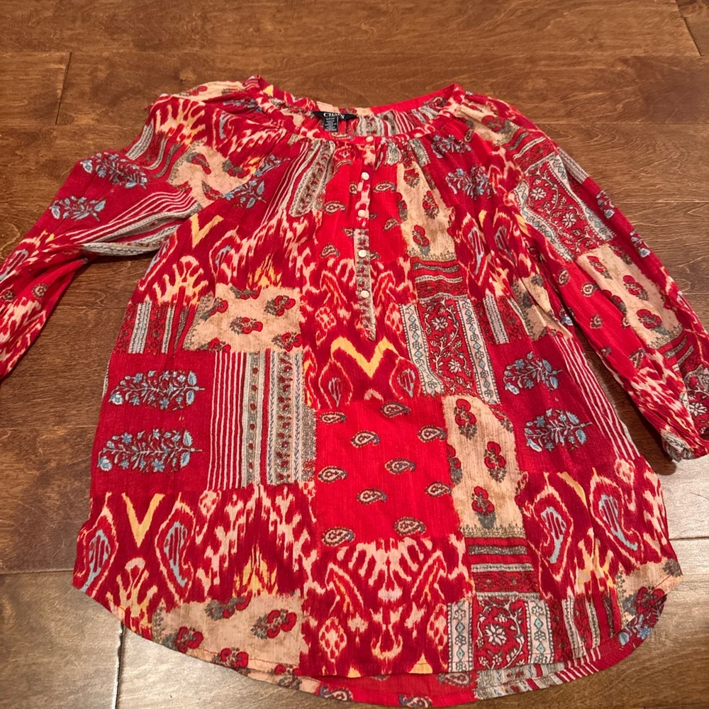 Chaps Red and Beige Patterned Top